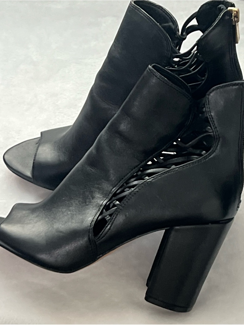 Jessica Simpson Black Open-Toe Block Heel Booties with Side Cutouts, Size 7M/37